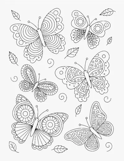 Six Patterned Butterflies coloring page