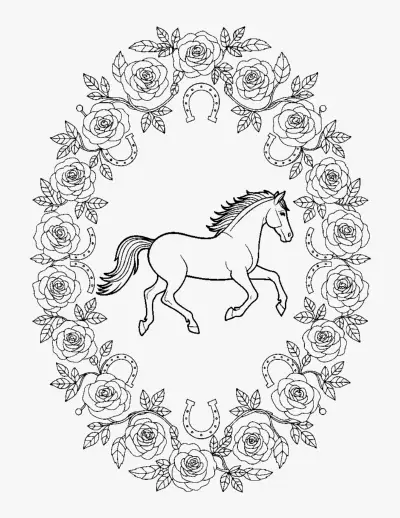 Horse in a Rose Frame coloring page