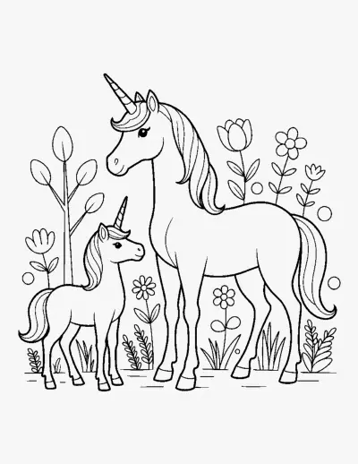 Mother Unicorn and Foal coloring page