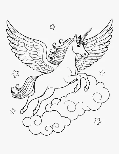 Winged Unicorn in the Clouds coloring page