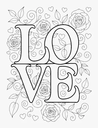 Love Lettering with Roses coloring page