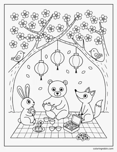 Cherry Blossom Picnic coloring page