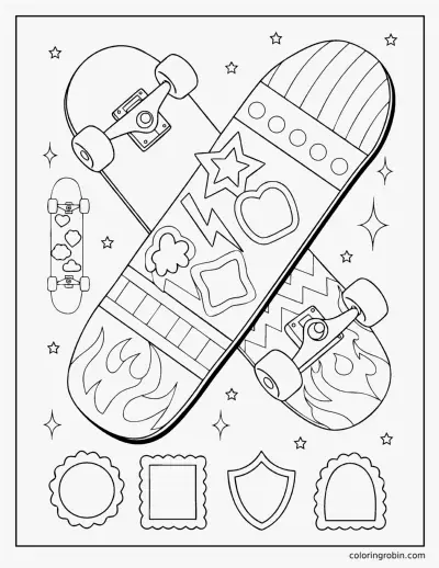 Skateboard and Stickers coloring page