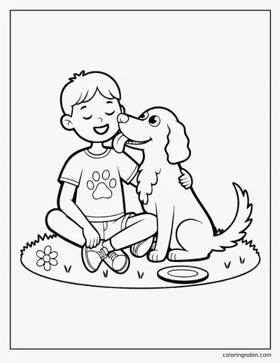 Boy Hugging His Golden Retriever coloring page