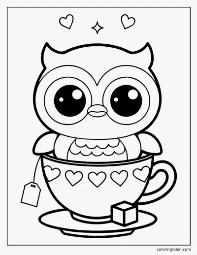 Kawaii Owl in a Teacup coloring page