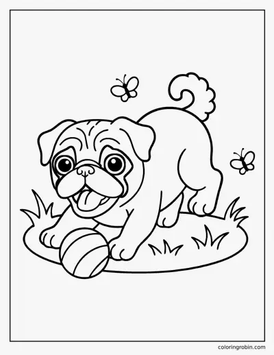 Pug Puppy Playing with a Ball coloring page