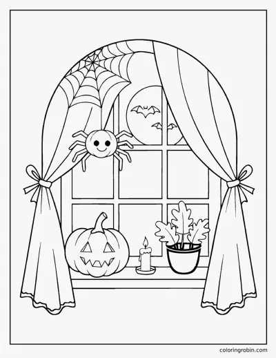 Spider Web in the Halloween Window coloring page